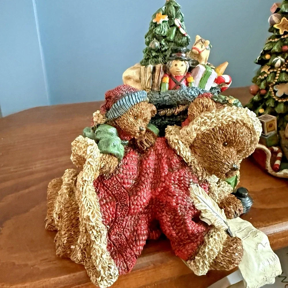 Vintage Teddy Bear Christmas Stocking Holders Pair Resin Santa Mrs Claus F/W
